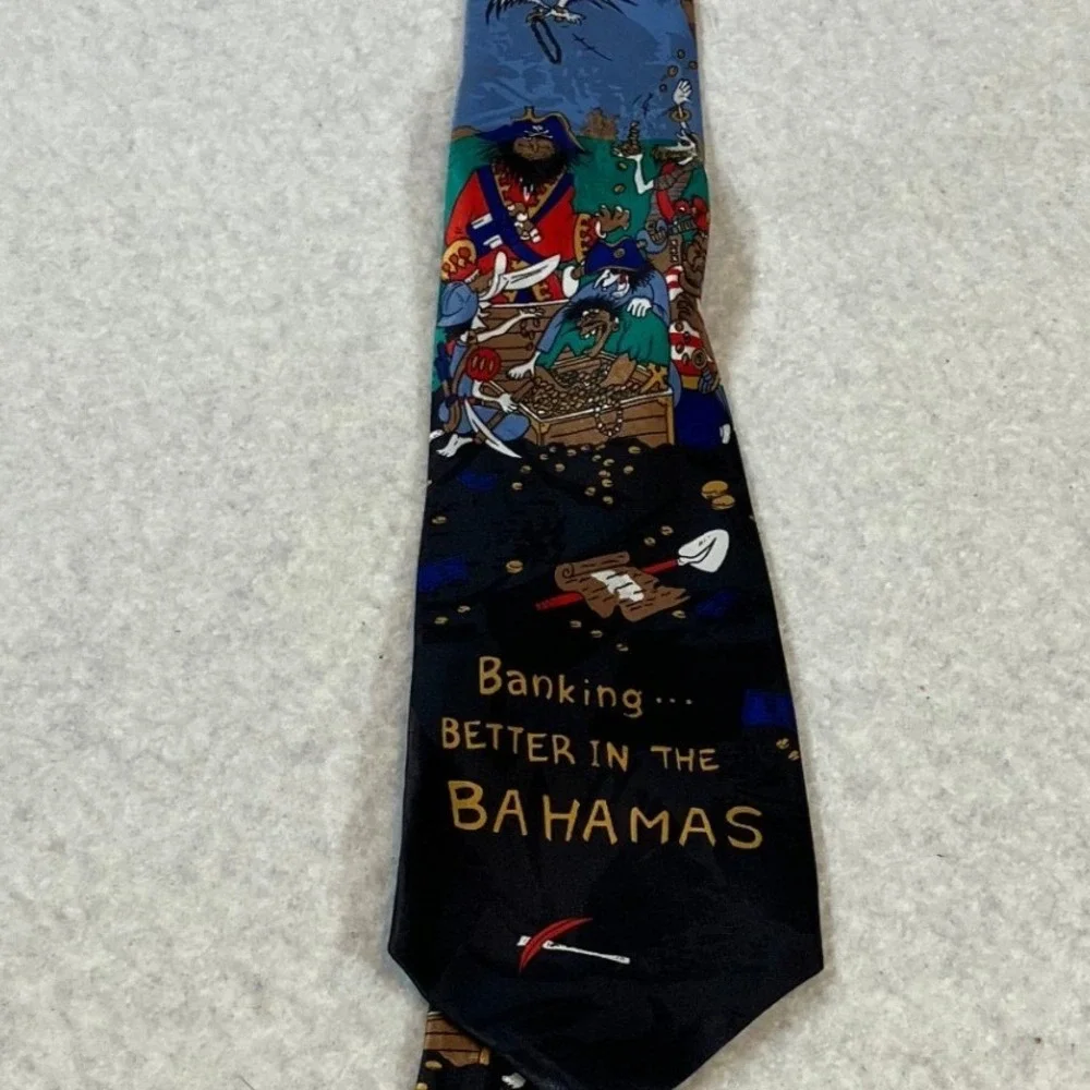 Brent Antoni Hand Made Tie Banking Better in the Bahamas Pirate Graphic Blue